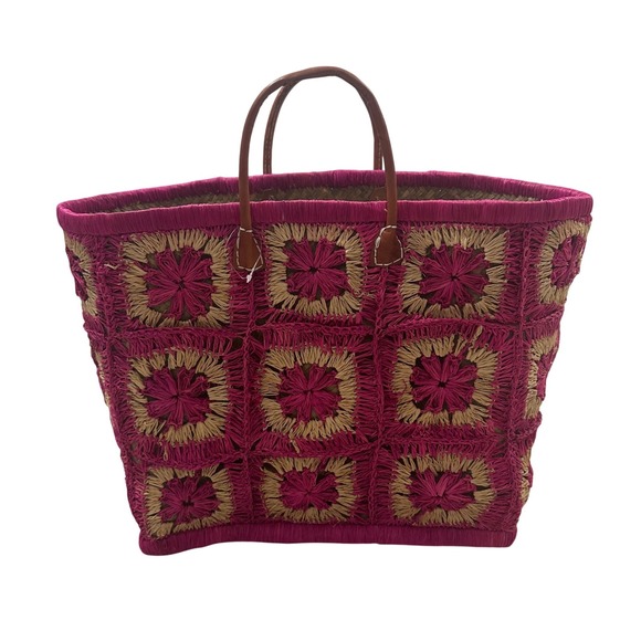 Le Comptoir de la Plage Handbags - Le Comptoir de la Plage Pink Raffia Floral Crochet  Leather Handle Tote Bag L